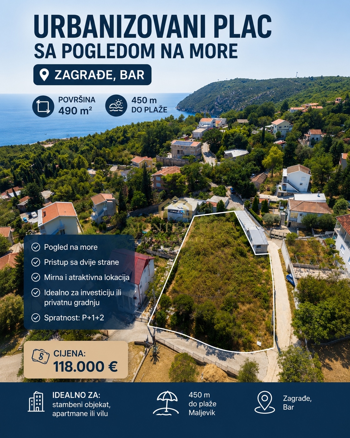 URBANIZOVANI PLAC SA POGLEDOM NA MORE – ZAGRADE, BAR ????
